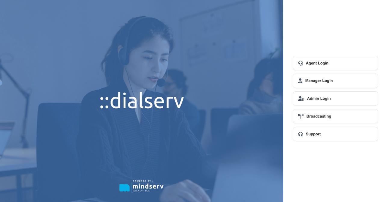 DialServ platform screenshot showing the admin dashboard